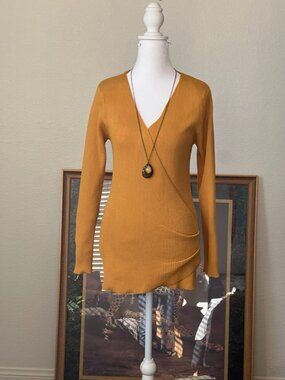 New Look 1X Mustard Ribbed Wrap Sweater Tunic Long Sleeve Top